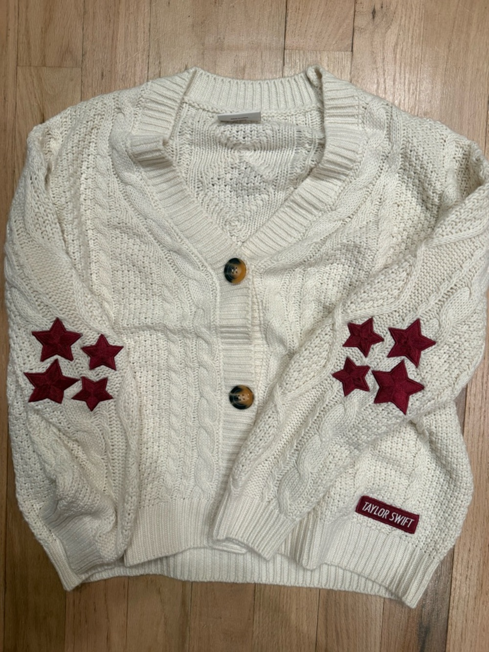 Taylor Swift REDCream Cable Knit Cardigan with Red Logo Patch